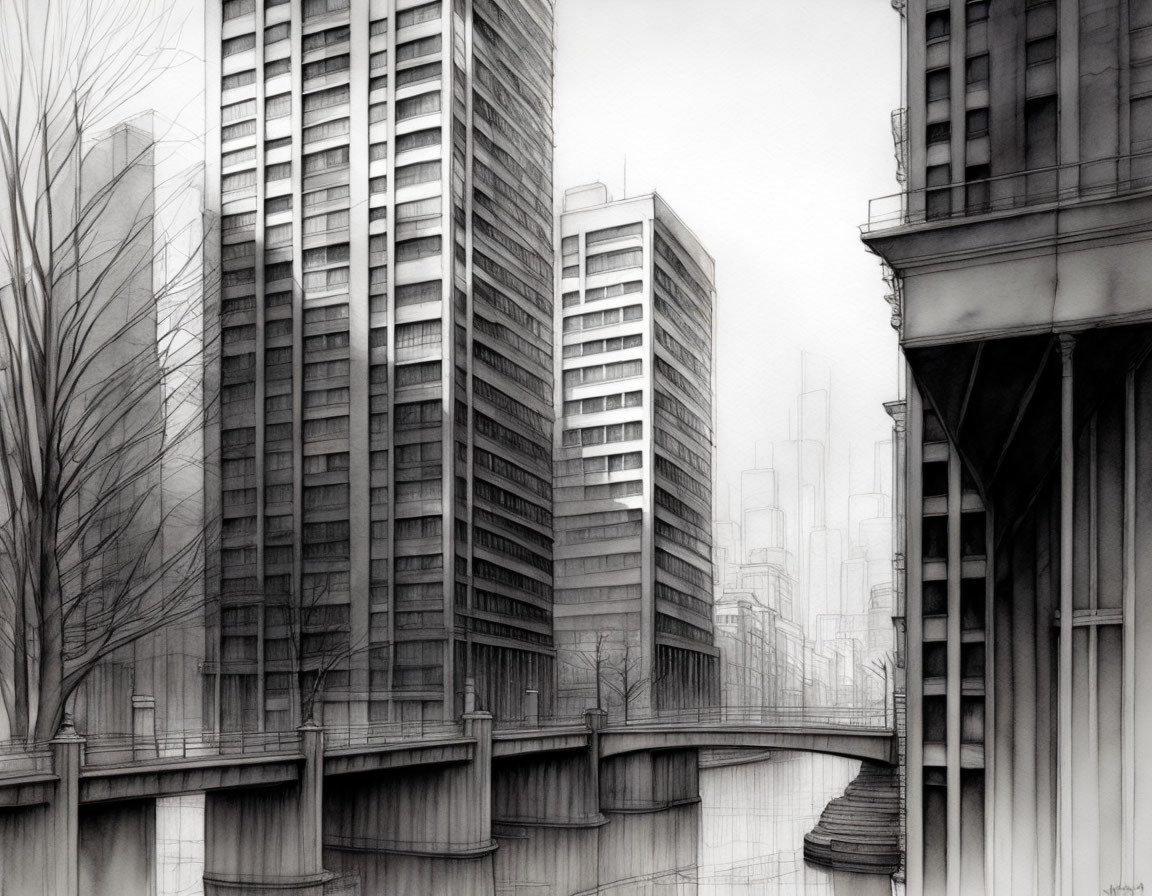 Monochromatic cityscape sketch with high-rise buildings, bridge, river, and distant skyscrapers