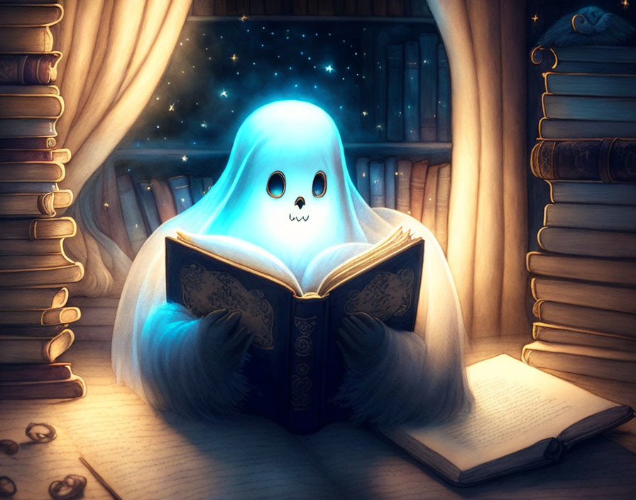 Ghostly figure reading book in cozy room with starry night view