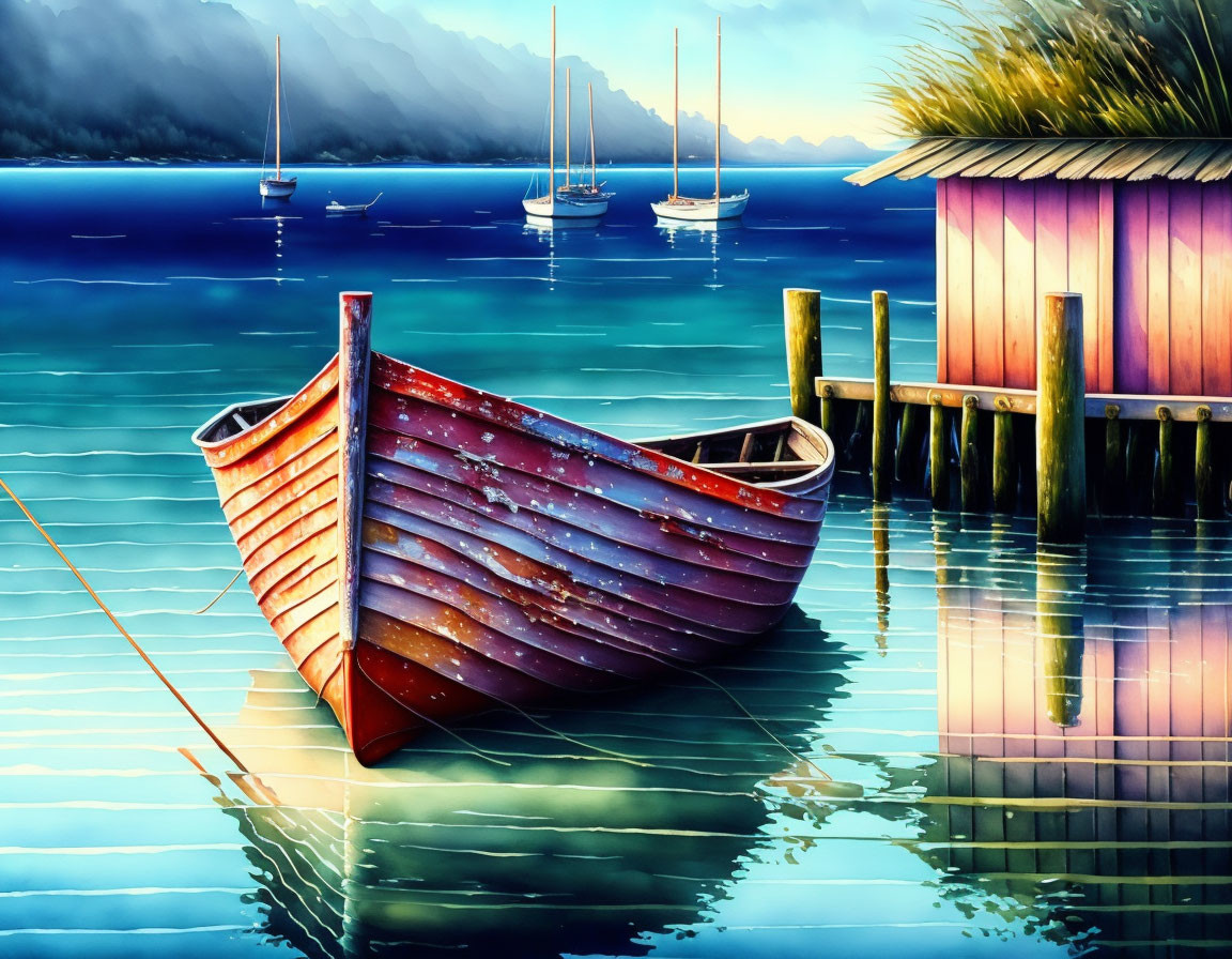 Digital painting of red and white boat at wooden dock in twilight.