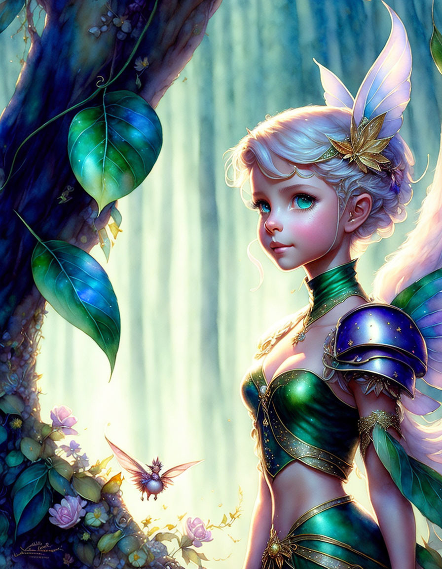 Fantasy digital artwork: fairy with intricate wings and armor in mystical forest