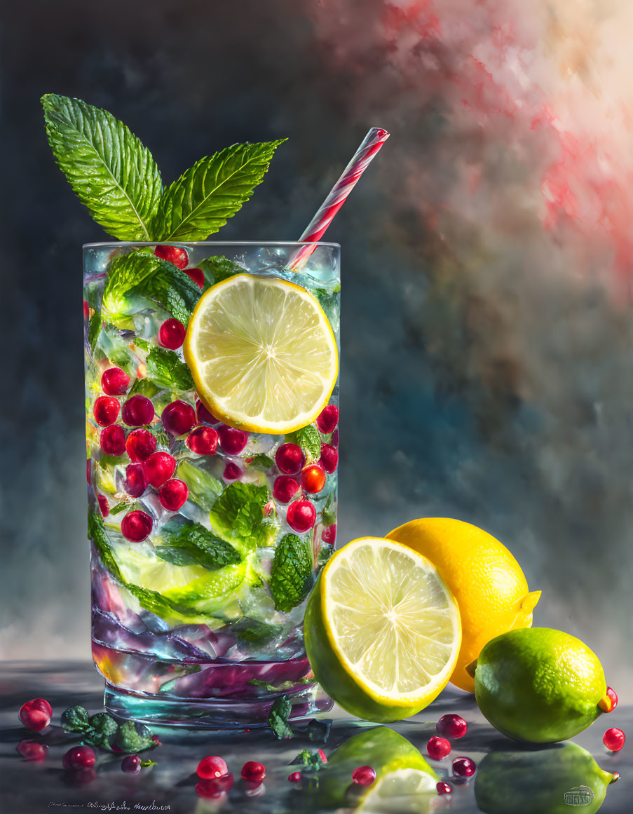 Colorful Mojito Cocktail with Mint, Lime, and Berries Display