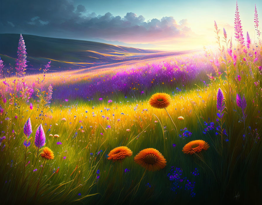 Vibrant meadow with purple and orange wildflowers in golden hour light