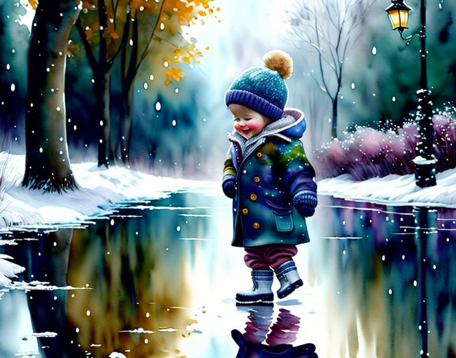 Child in winter coat and hat by snowy path with lamp post, trees, and falling snow.