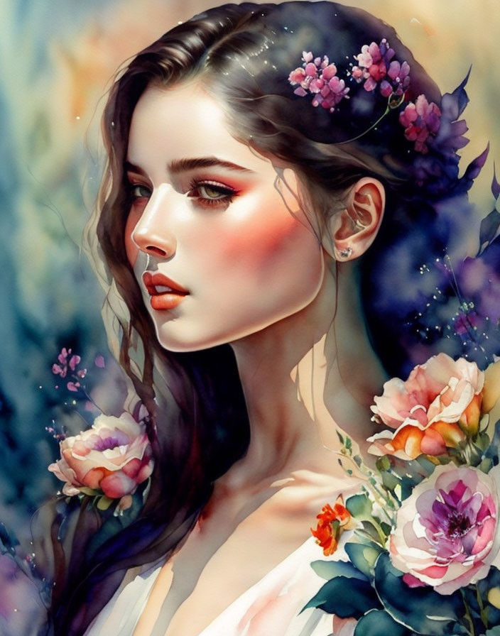 Vibrant digital painting of woman with floral hairstyle