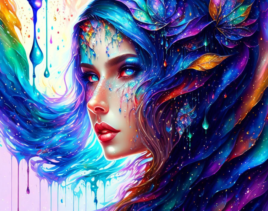 Colorful portrait of a woman with blue hair surrounded by multicolored leaves and dripping paint on a