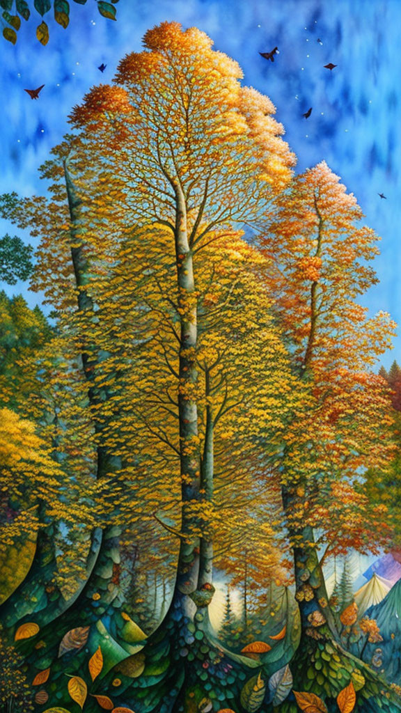 Colorful Autumn Forest Scene with Golden Leaves and Blue Sky