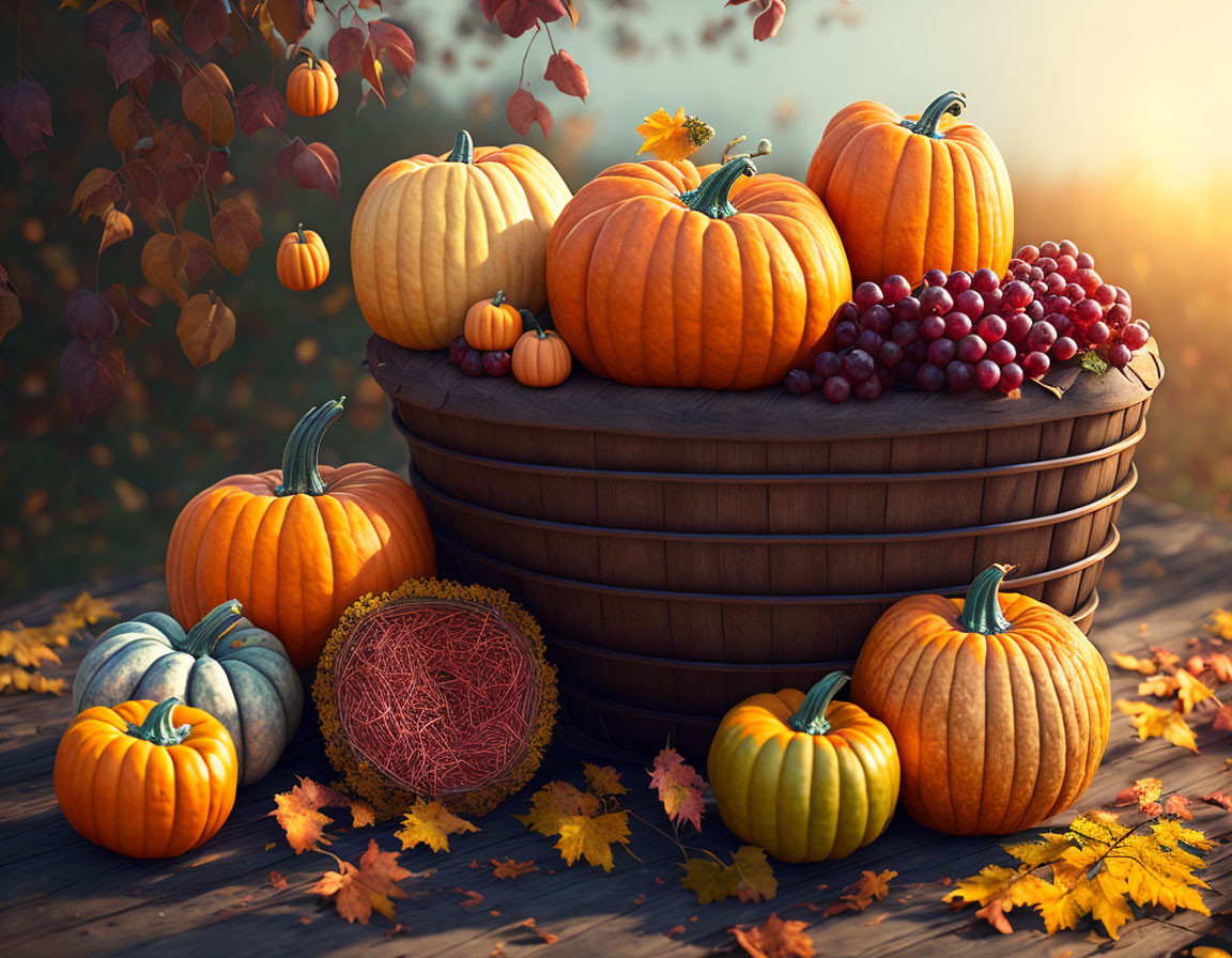 Assorted pumpkins and grapes on wooden basket with autumn leaves and warm lighting