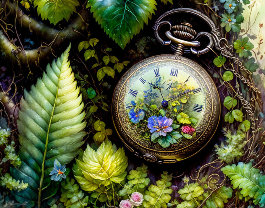 Golden Pocket Watch with Green Foliage, Flowers, and Butterfly