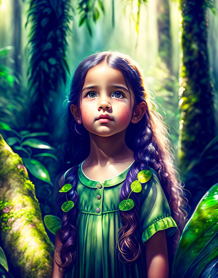 Young girl with long wavy hair in lush forest with sunlight.