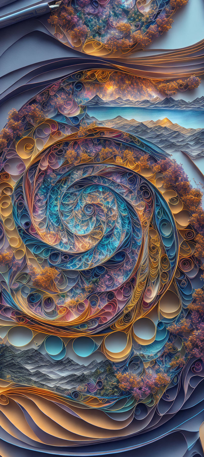 Intricate fractal spiral with autumnal colors and cool blues