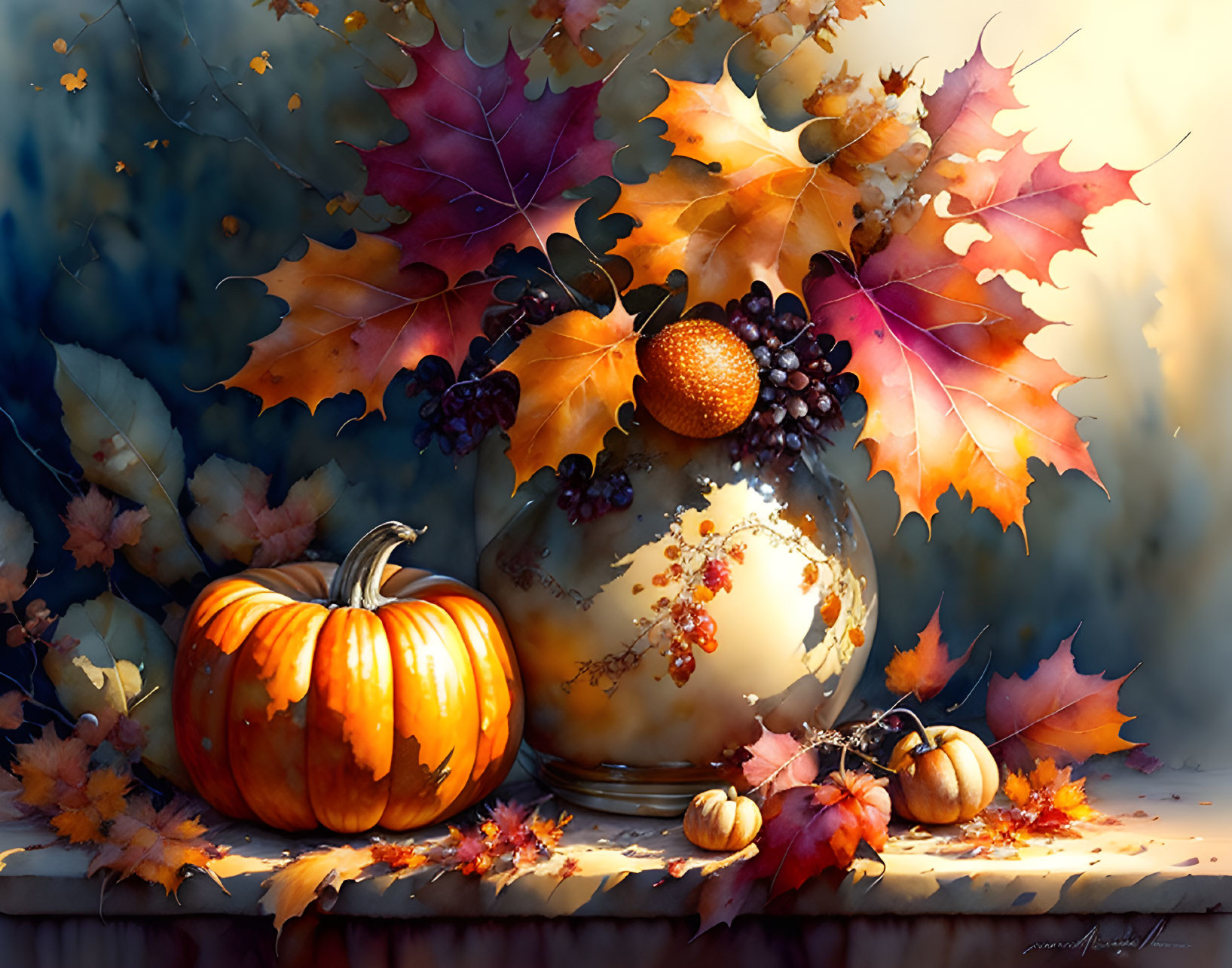 Colorful Autumn Still Life with Pumpkin, Berries, and Fall Leaves