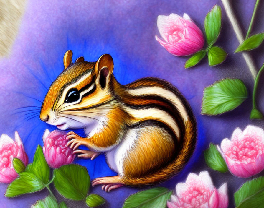 Colorful chipmunk digital painting in floral setting