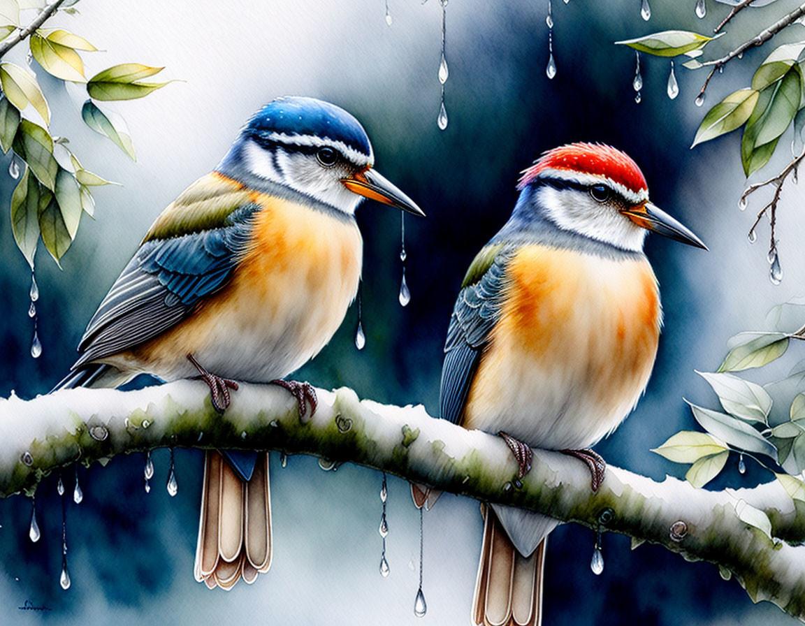 Colorful birds on branch with dew drops, green leaves, soft blue-grey background