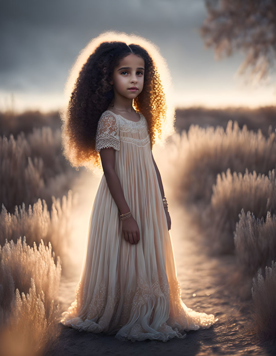 Young girl with voluminous curly hair in cream dress standing in field at sunset