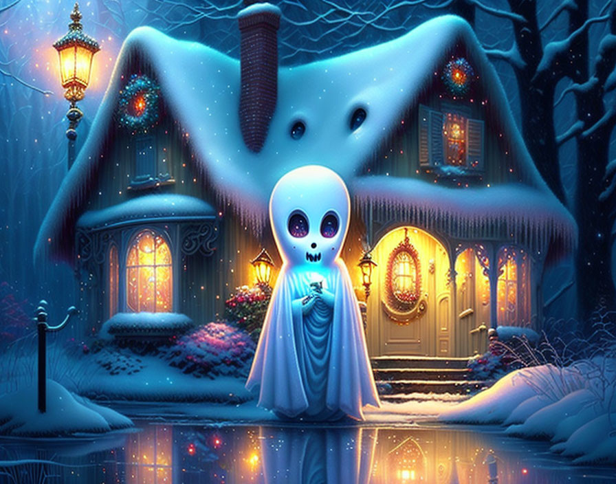 Ghostly figure in front of cozy snow-covered cottage on magical winter night