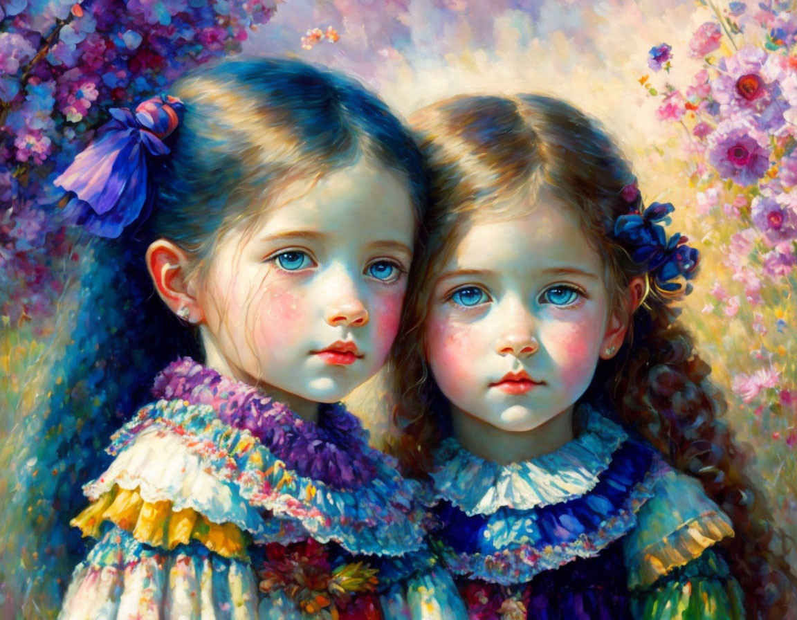 Expressive Eyes and Rosy Cheeks: Colorful Impressionistic Painting of Two Young Girls