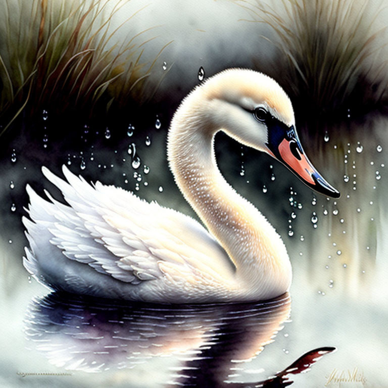 Swan gliding on calm water with droplets and reeds in dimly lit background