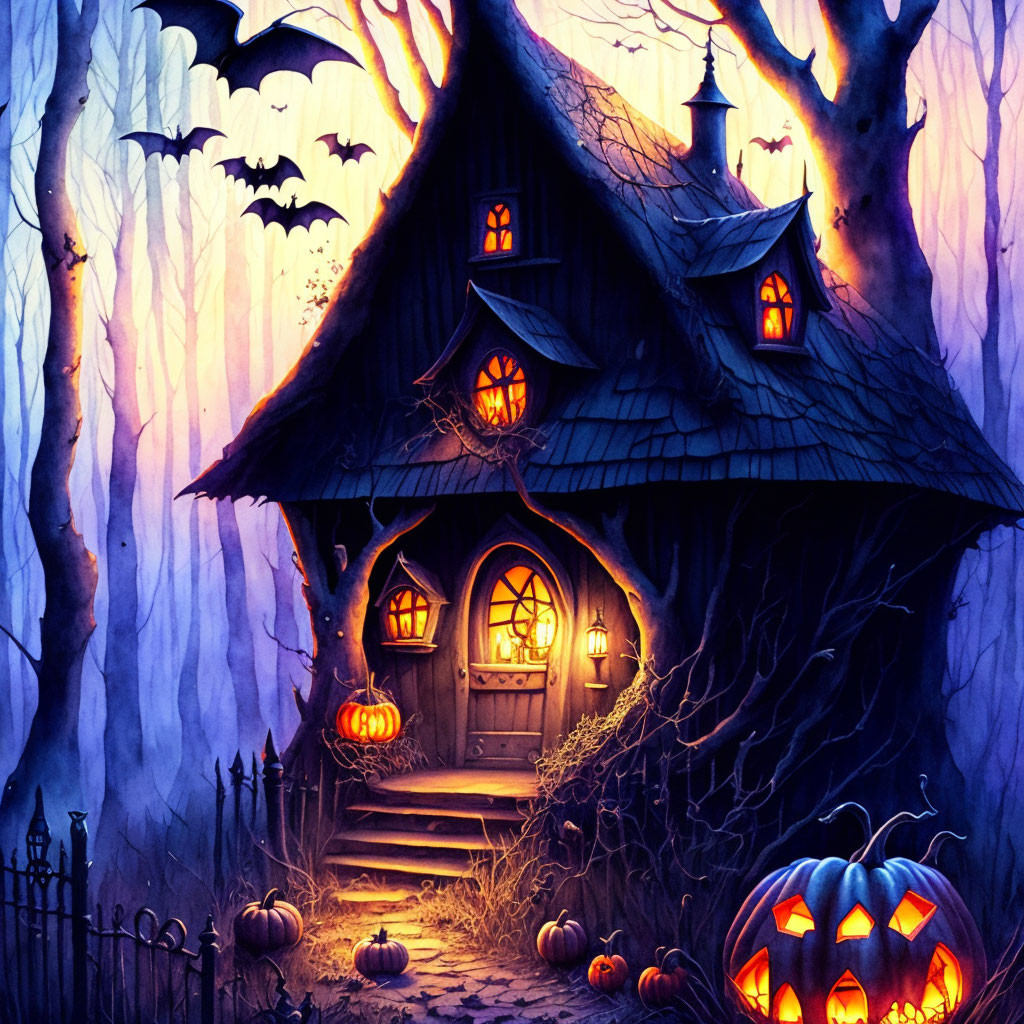 Illustration of eerie haunted house with pumpkins, bats, and gnarled trees