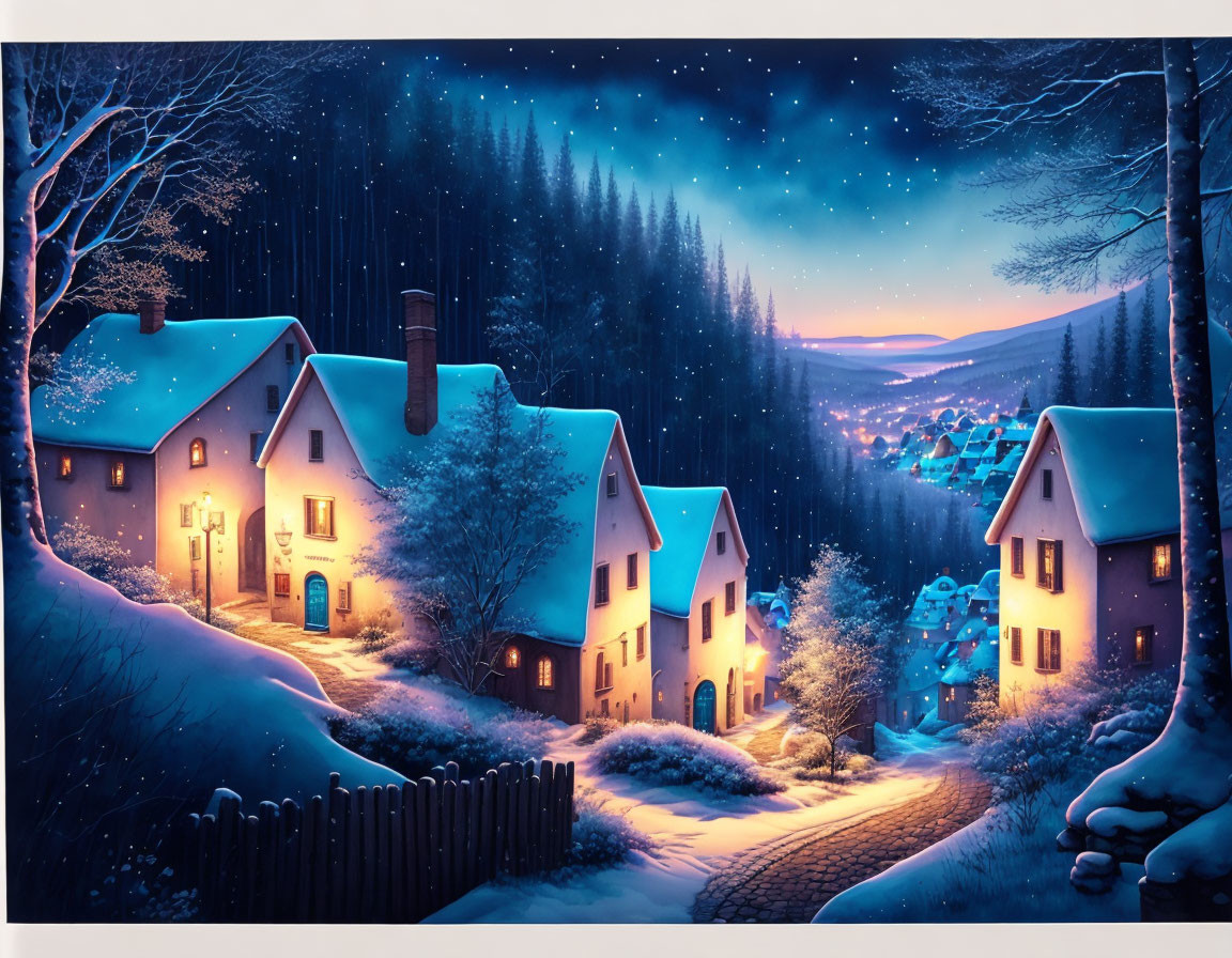 Snow-covered houses under starry sky in serene winter night village scene