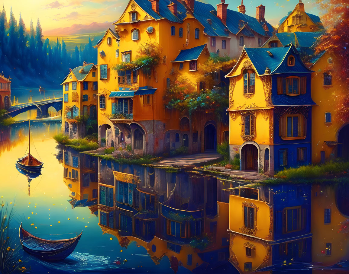 Colorful Houses by Still River at Sunset with Boat