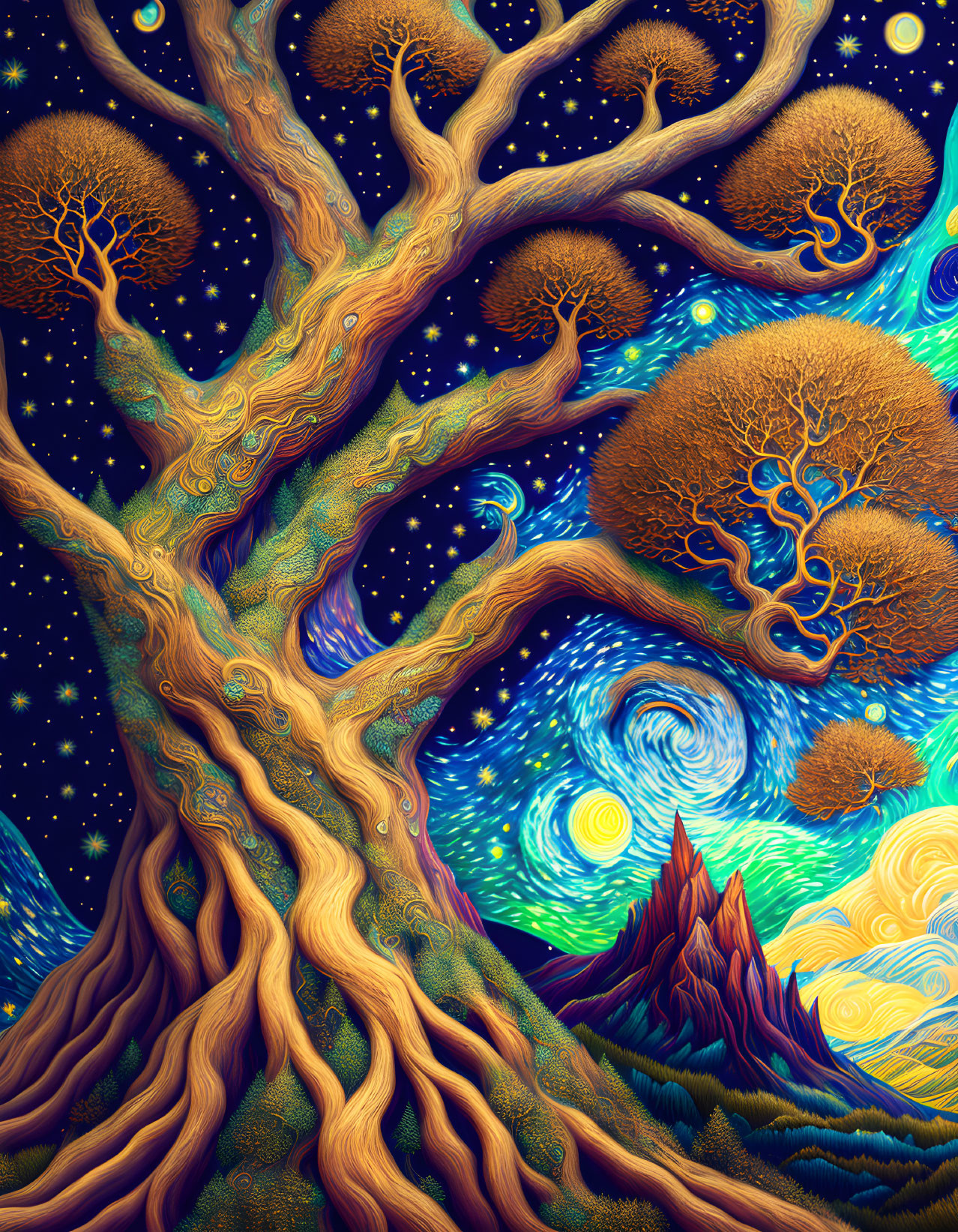 Psychedelic tree with swirling branches and starry night sky