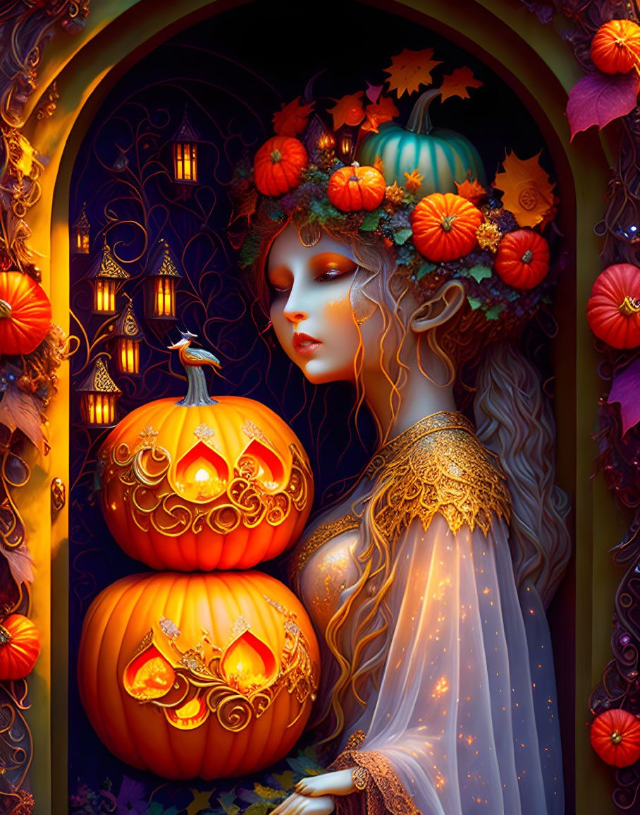 Illustrated autumnal woman portrait with wreath and pumpkins in fantastical setting