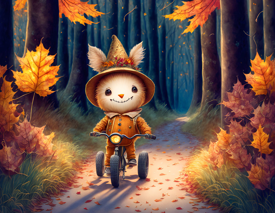 Smiling anthropomorphic animal on tricycle in autumn forest