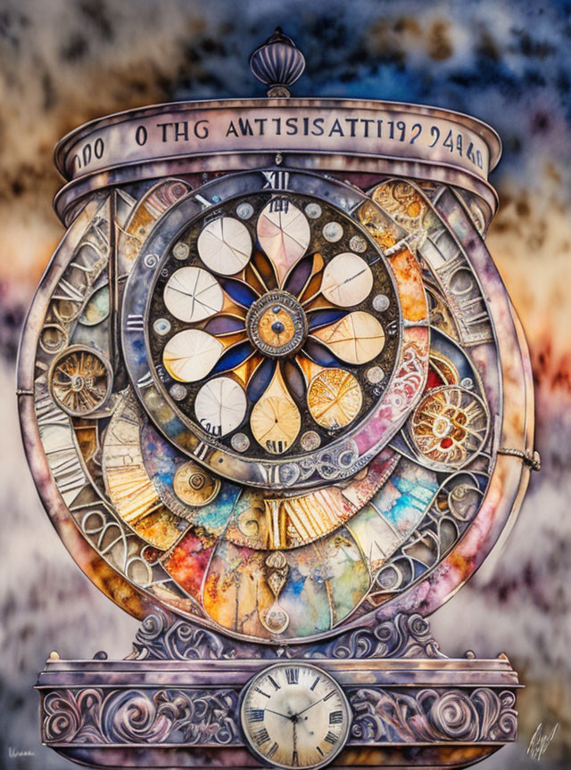 Clock with multiple timepieces, gears, Roman numerals, and intricate patterns on mottled background