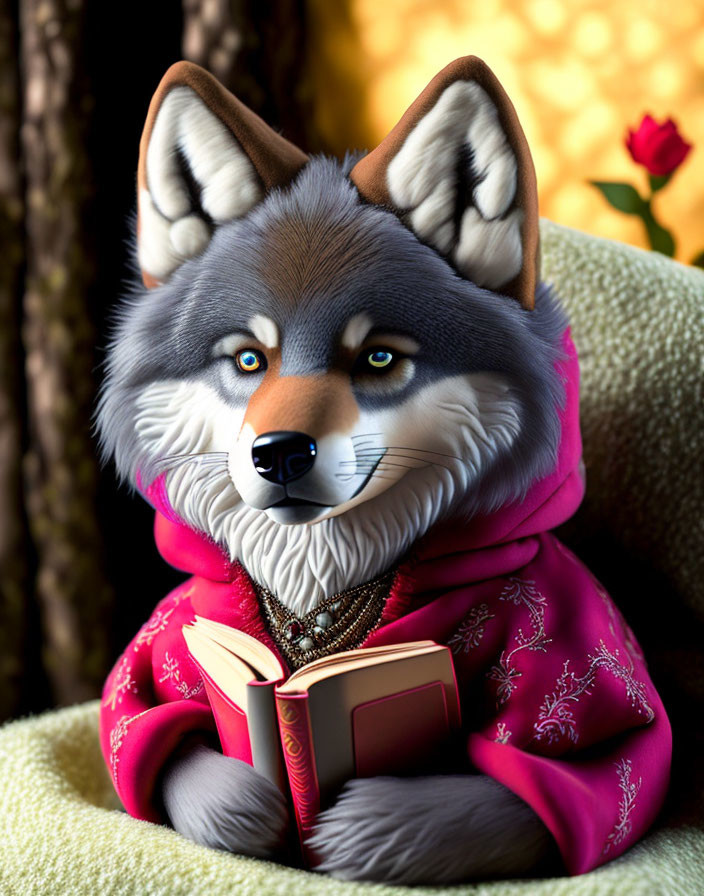 Anthropomorphic wolf in magenta robe with blue eyes and red book against floral backdrop