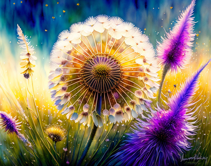 Vibrant dandelion in colorful meadow with sparkling lights