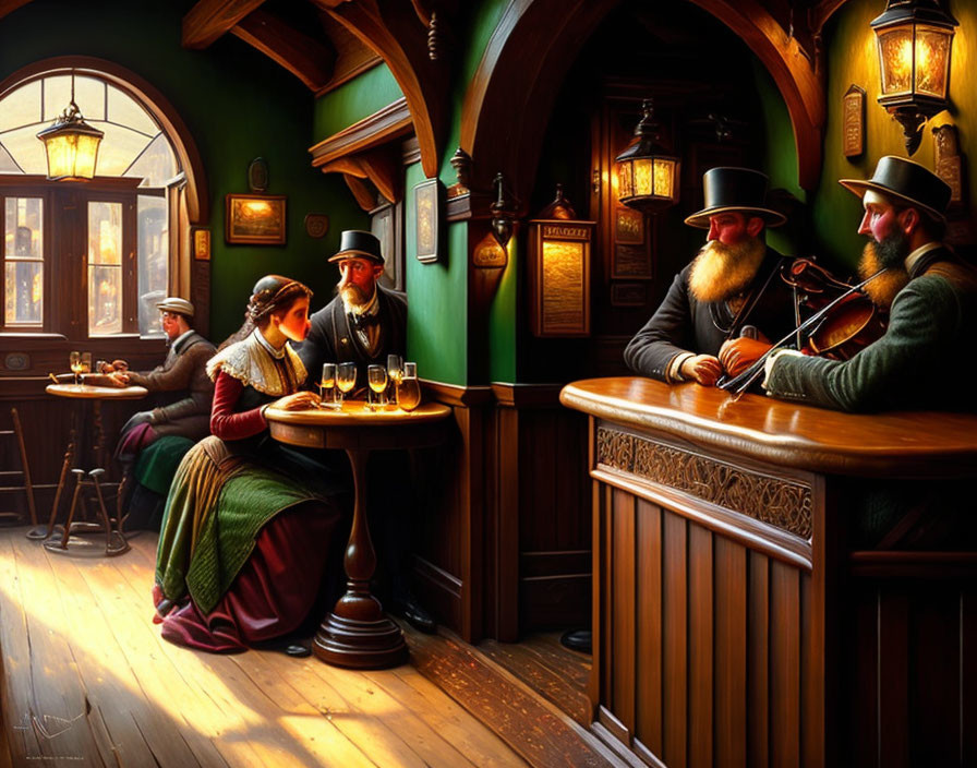 Pub scene with patrons, violin music, lantern light ambiance