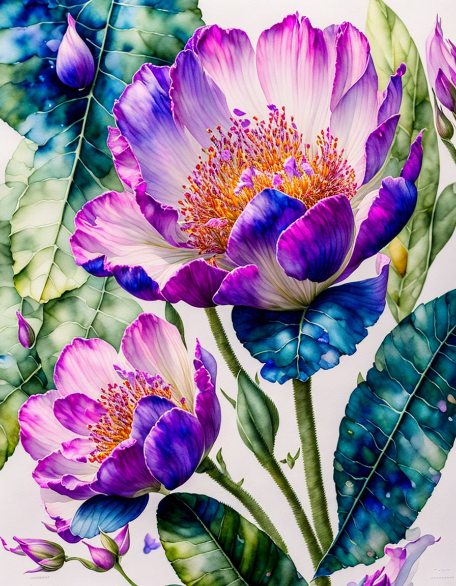 Detailed Painting of Three Purple and White Flowers with Yellow Stamens