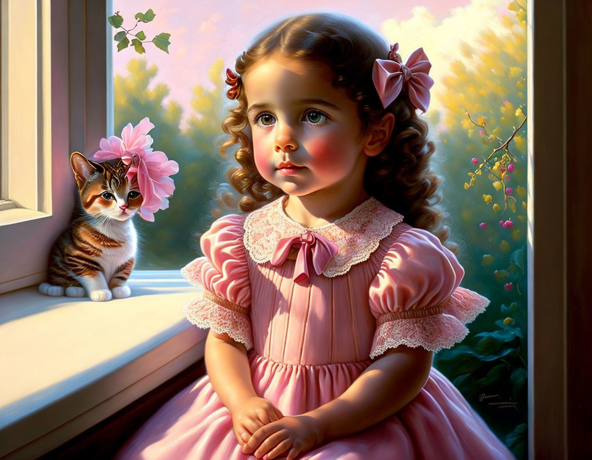 Young girl in pink dress with bow sitting by window with matching cat.