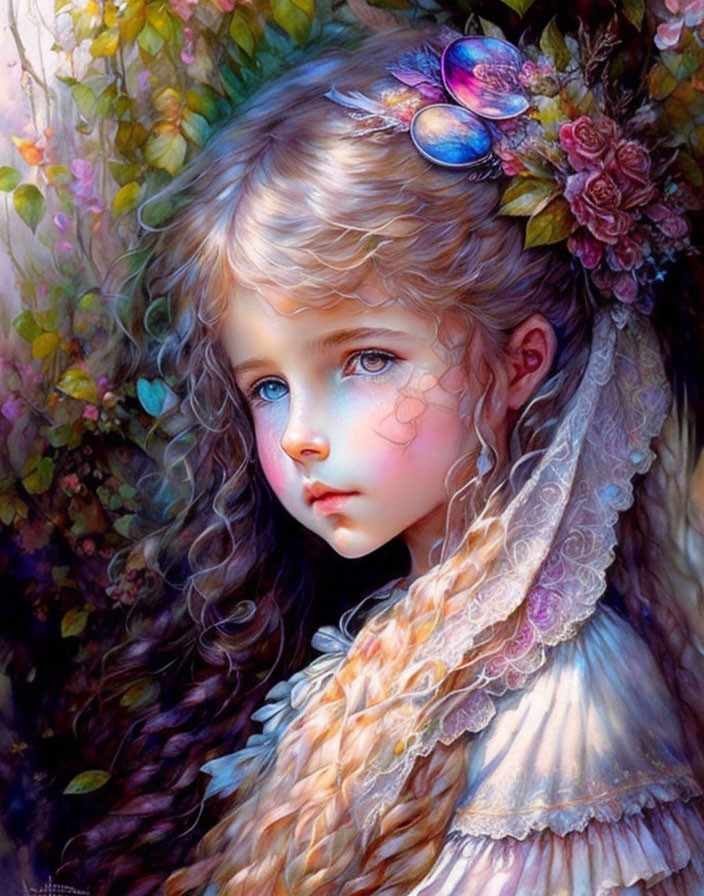 Young girl with big blue eyes and floral headpiece in whimsical digital painting