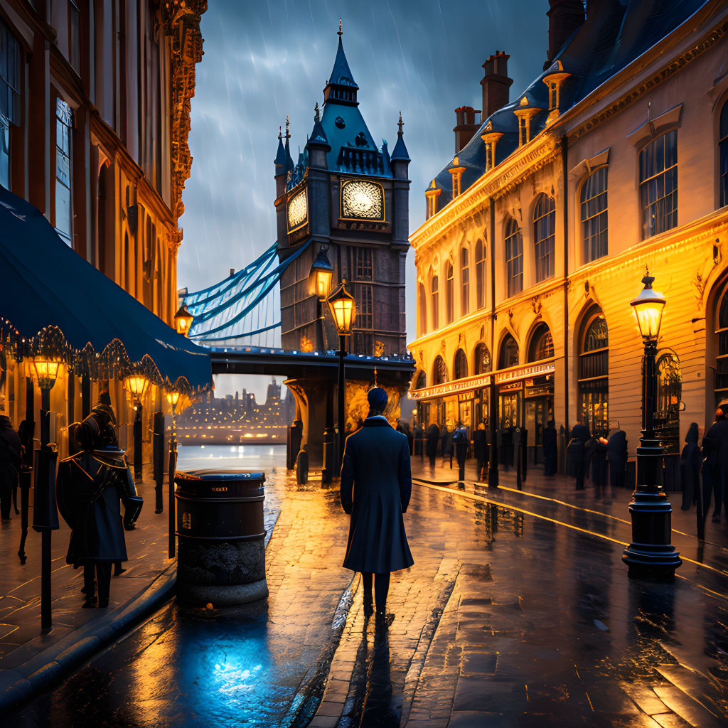 Person standing on rain-slicked street at dusk facing Tower Bridge.