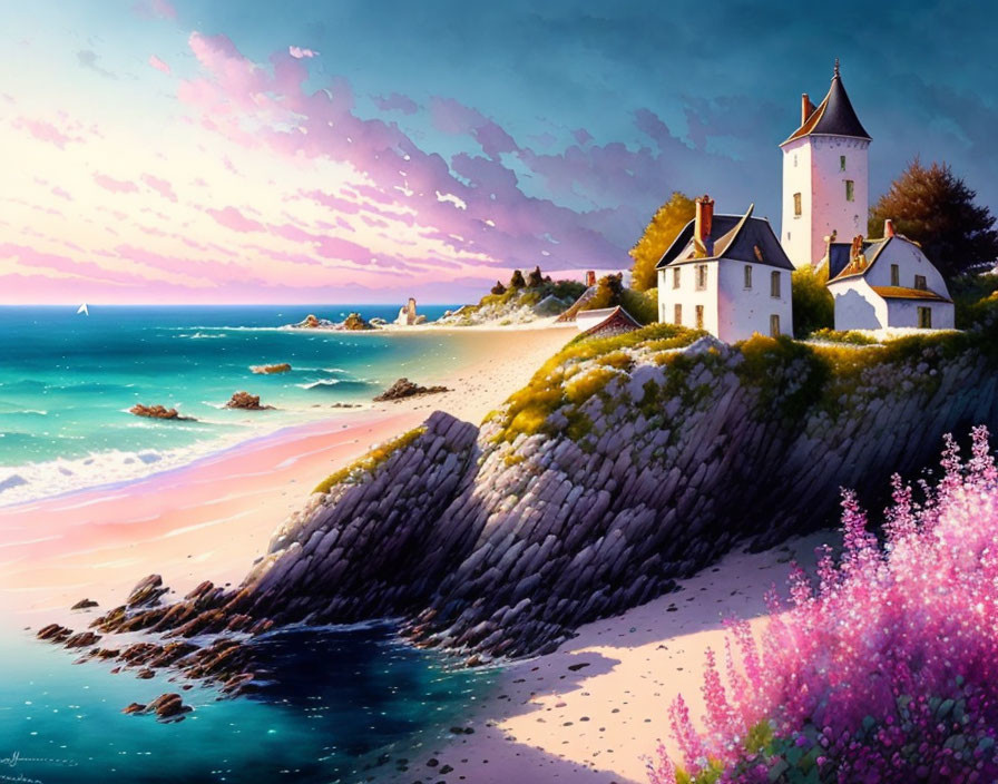 White lighthouse on serene beach with pink sunset clouds and purple flowers