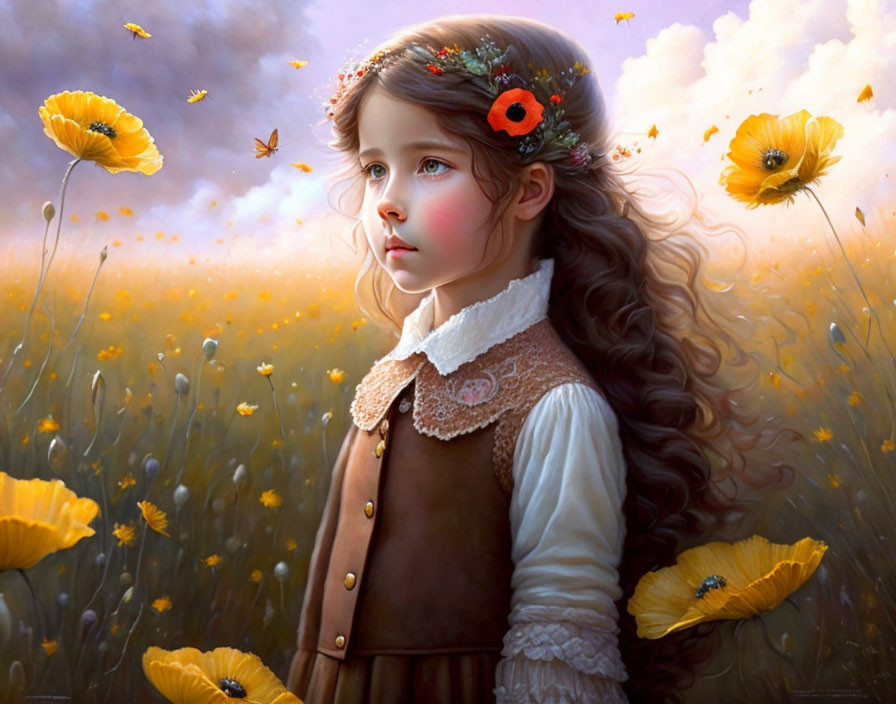 Young girl in flower crown surrounded by blooming poppies and butterflies