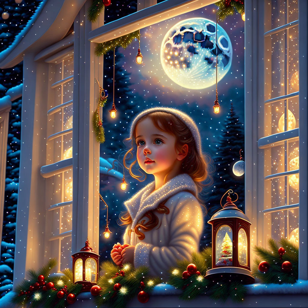 Young girl in white coat looking out festive window at snowy scene with Santa's sleigh under full moon