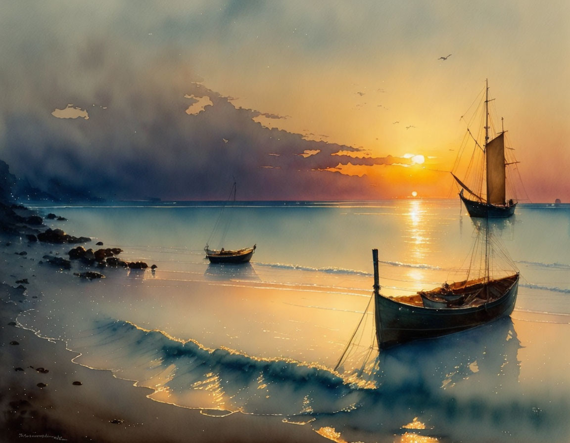 Tranquil beach sunset with sailing boats on calm waters