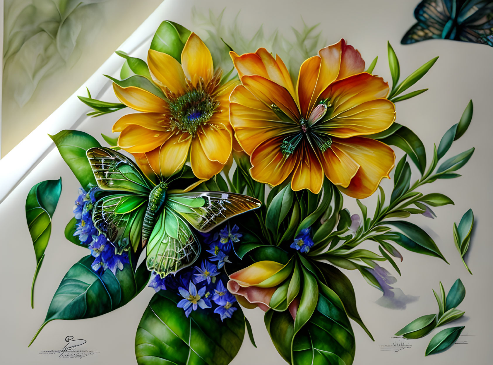 Colorful Floral Painting with Butterflies and Blossoms in Greenery