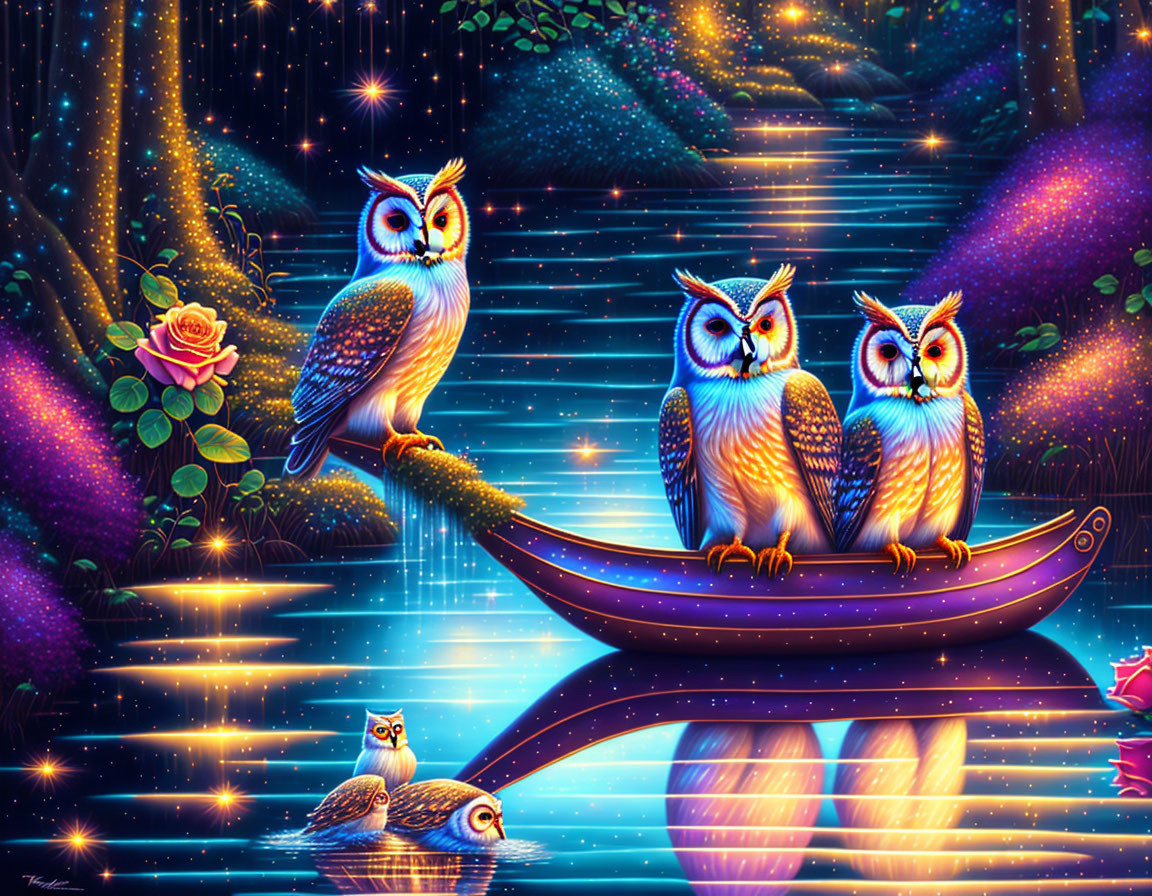 Colorful Owls Perched on Branch, River, Fireflies, Starry Night Sky