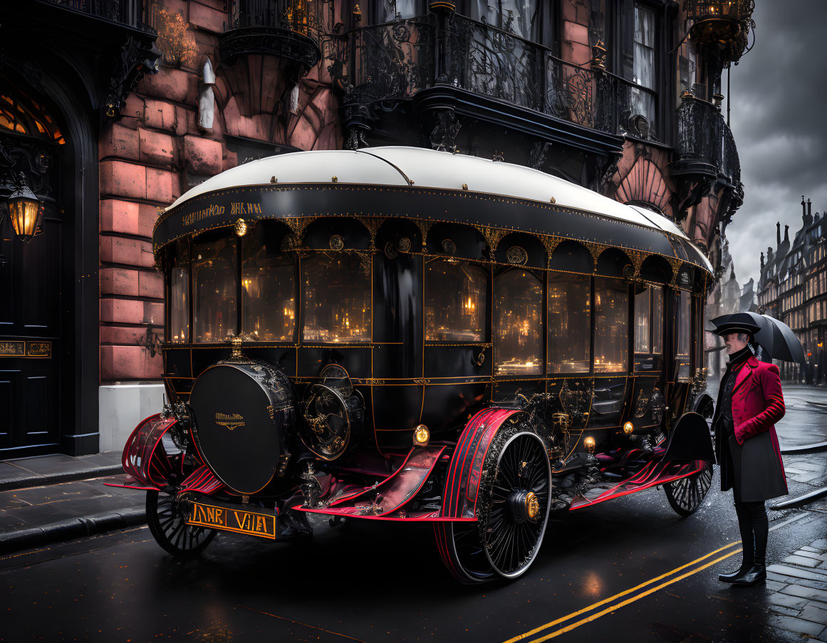 Vintage black and gold tour bus with attendant on cobblestone street by ornate building