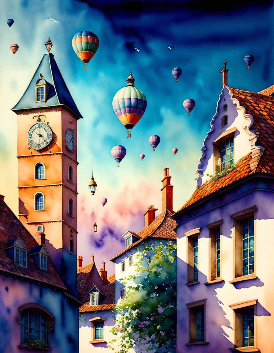 Colorful Old Town Illustration with Hot Air Balloons