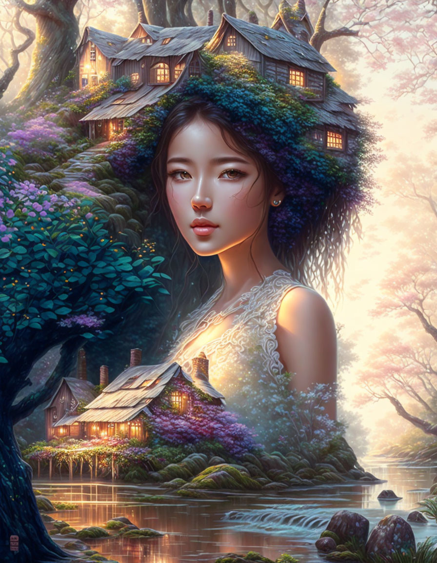 Surreal image: Woman's face merges with serene landscape