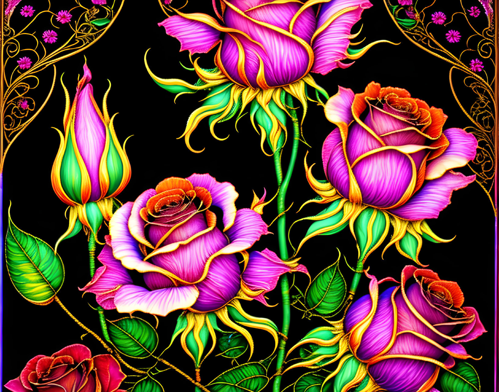 Pink and Yellow Roses with Gold Details on Dark Background