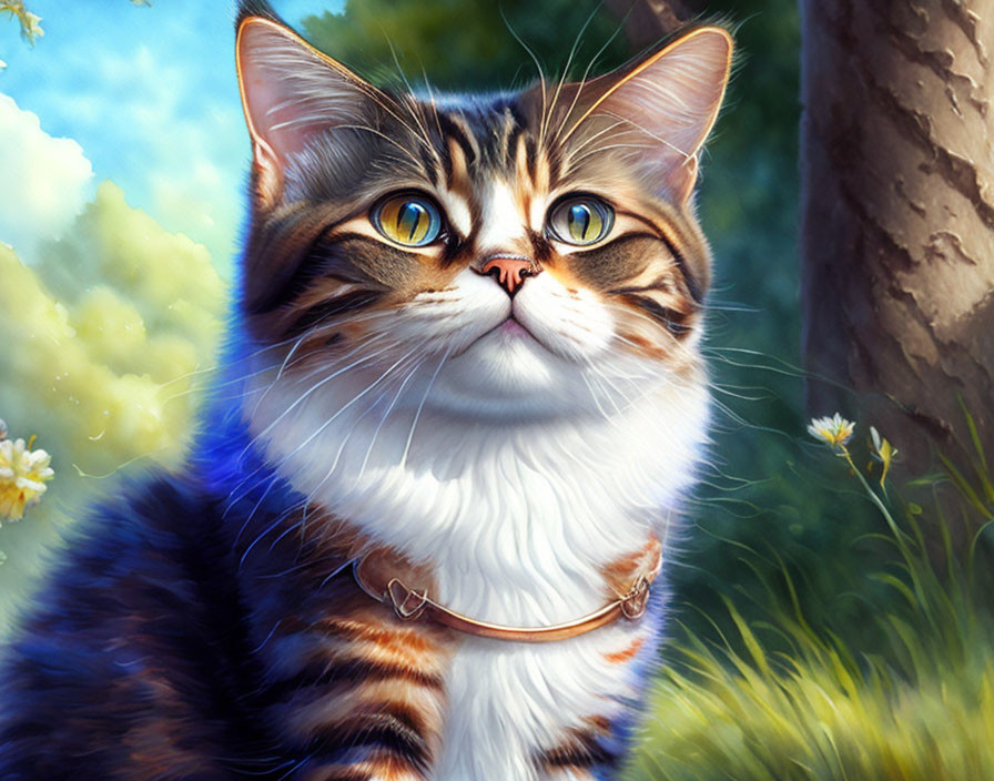 Detailed Digital Painting of Fluffy Tabby Cat with Green Eyes