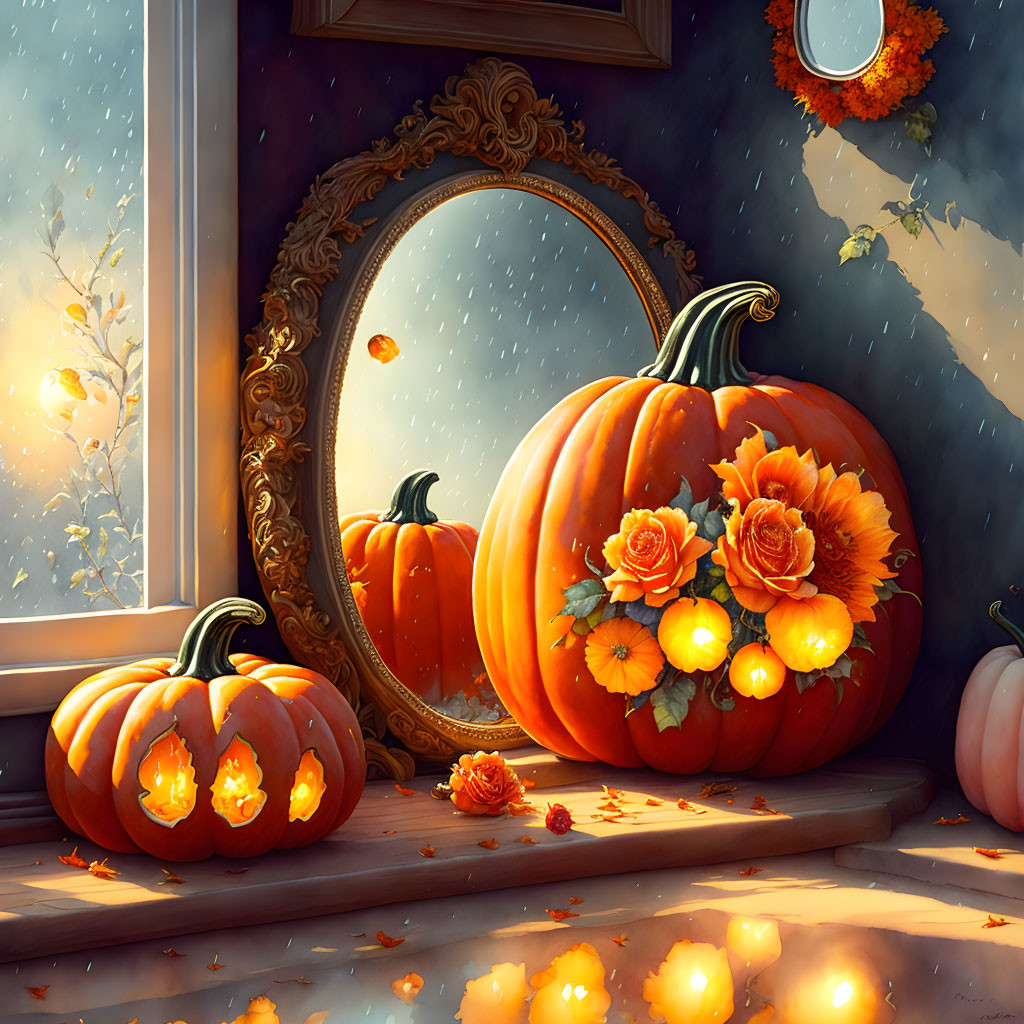 Autumnal scene with carved pumpkins, roses, mirror, and falling leaves