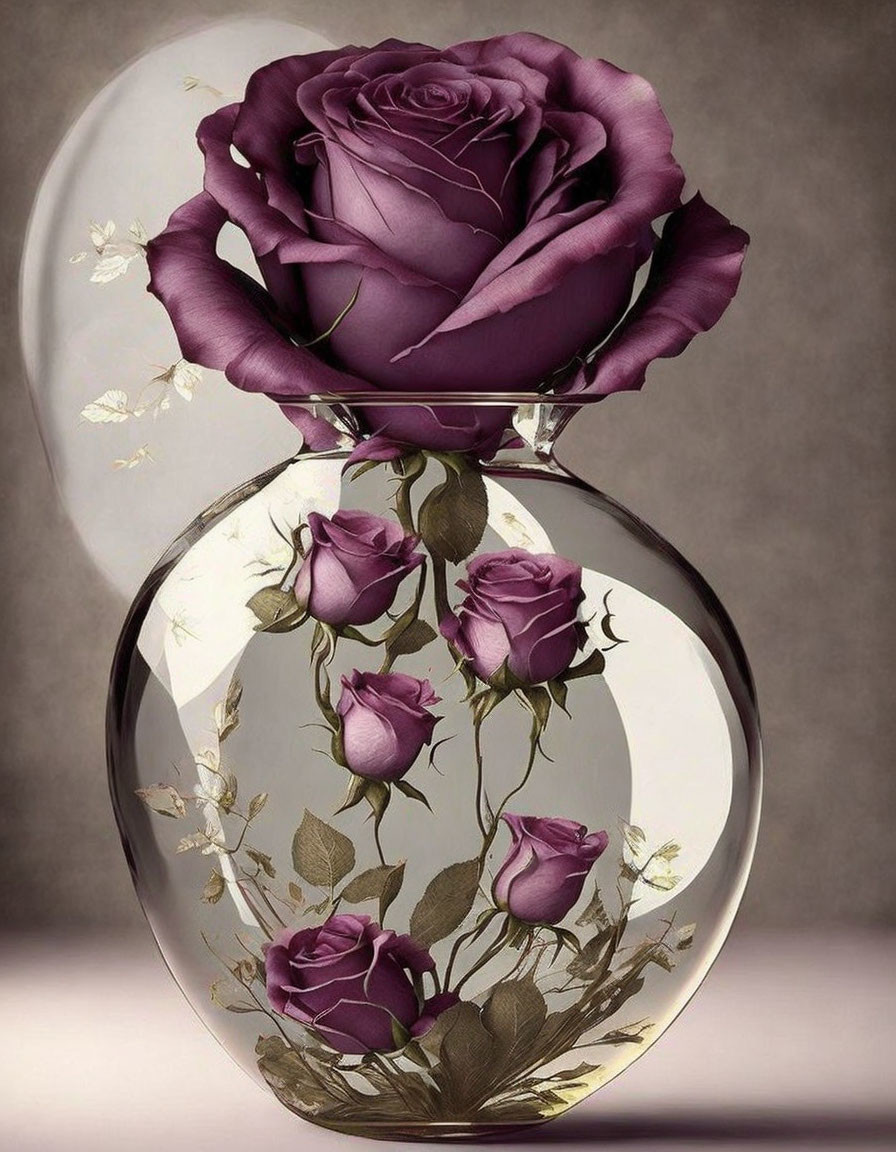 Deep Purple Rose in Glass Vase with Smaller Roses and Golden Leaves on Beige Background