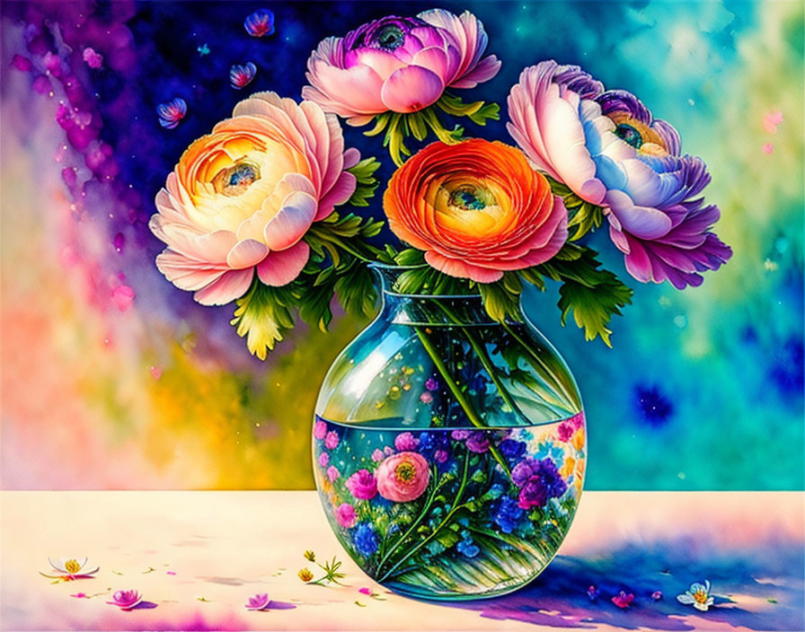 Colorful Flower Bouquet in Transparent Vase on Dreamy Background