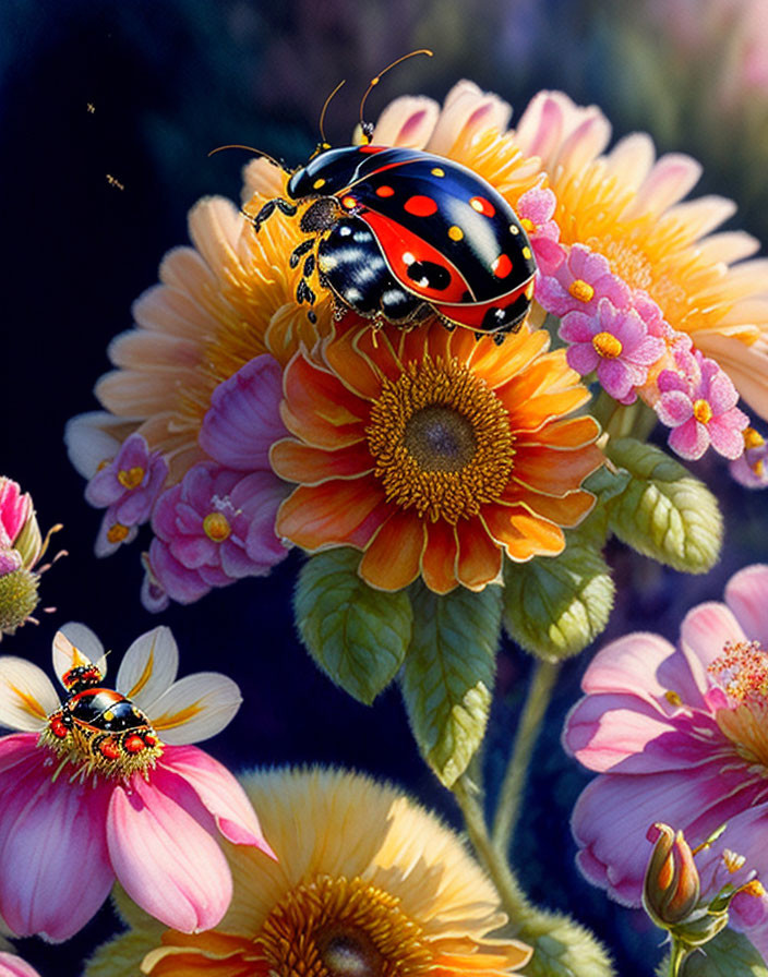 Vibrant ladybugs on colorful flowers with intricate details